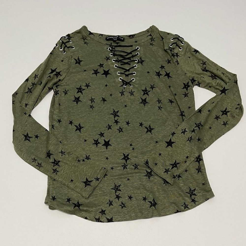 Generation Love Valentina Long Sleeve Lace Up Tee Star Print Green Extra Small - Picture 4 of 12